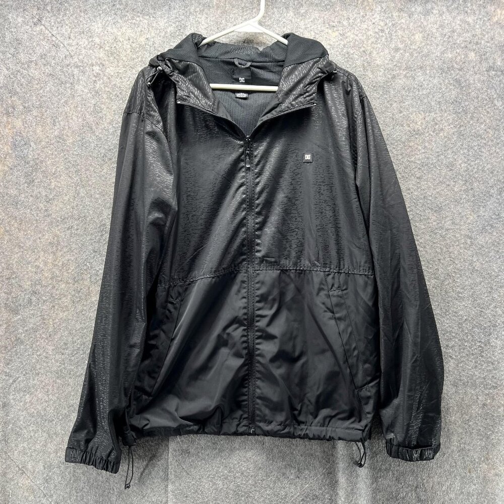 DC Jacket Men Large Adult Black Full Zip Polyester Hoodie Logo Windbreaker Vtg